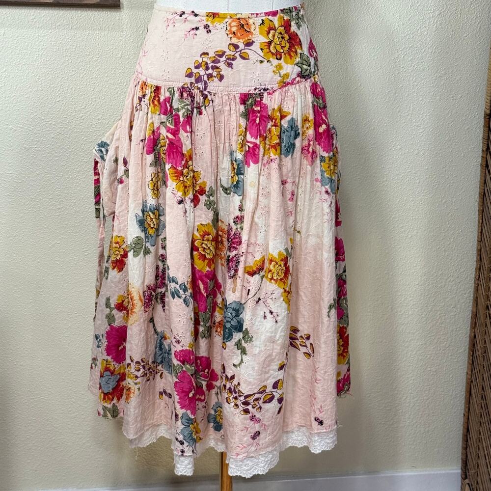 Vtg 90s Y2k Floral Pleated Eyelet Lace Skirt Cottage Prairie Coquette Dolly S